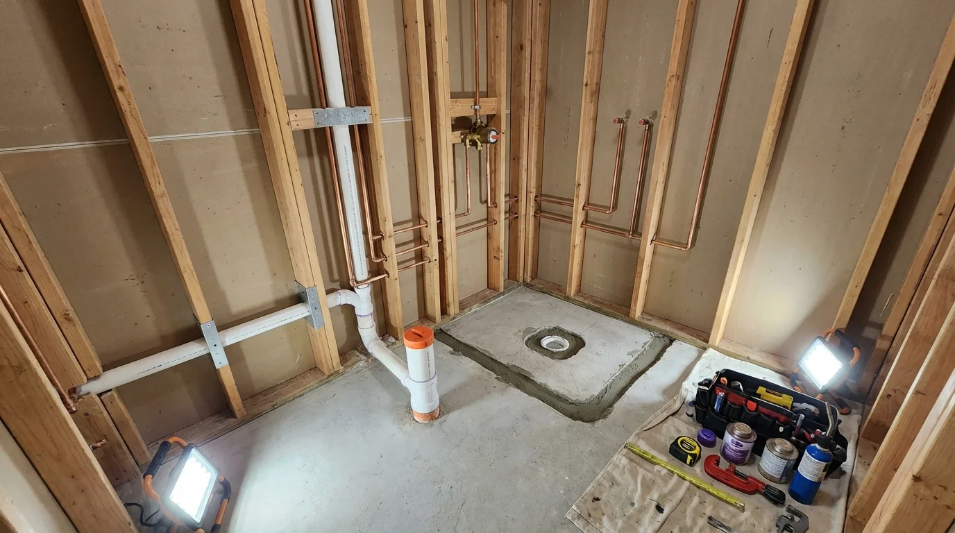 Bathroom rough-in plumbing during remodel by Johns Plumbing LLC in Lewiston