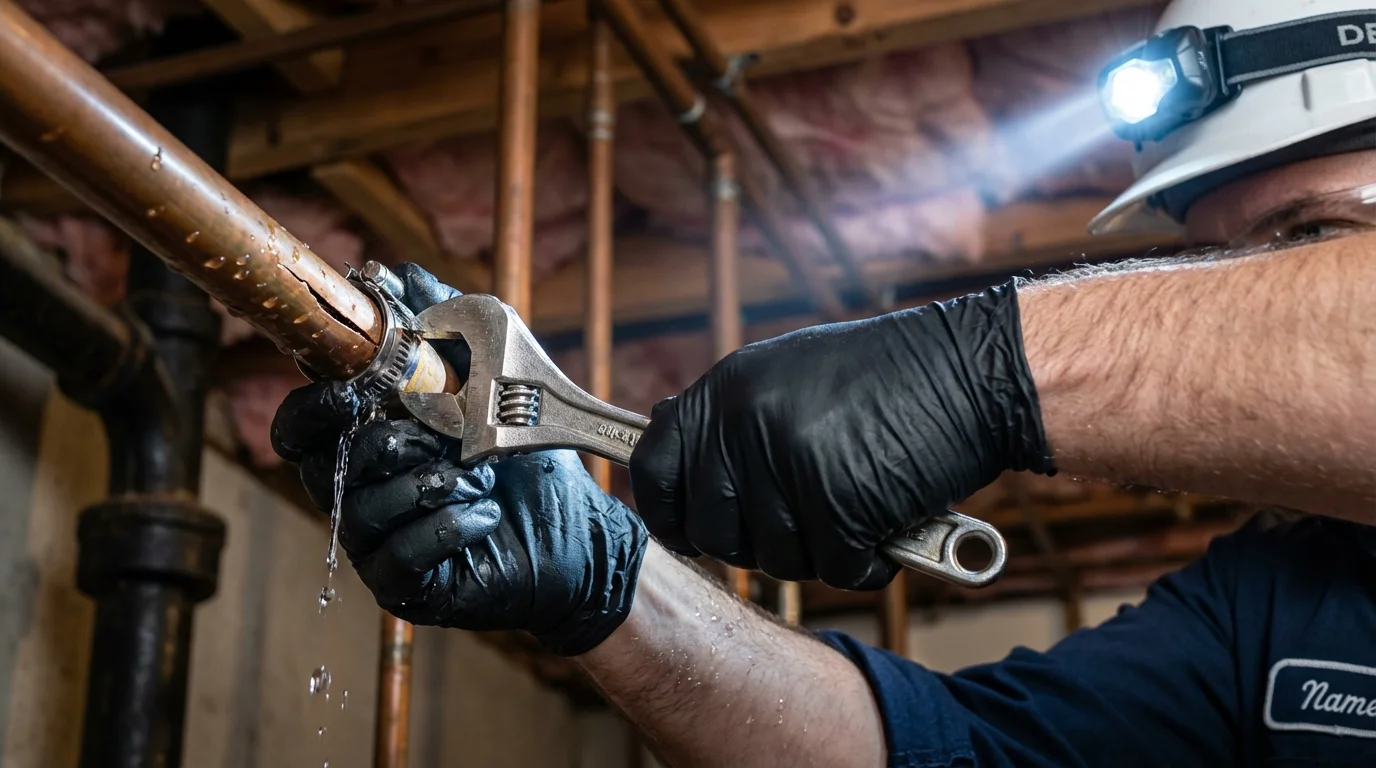 Emergency pipe clamp repair being performed by a Johns Plumbing LLC plumber in Lewiston