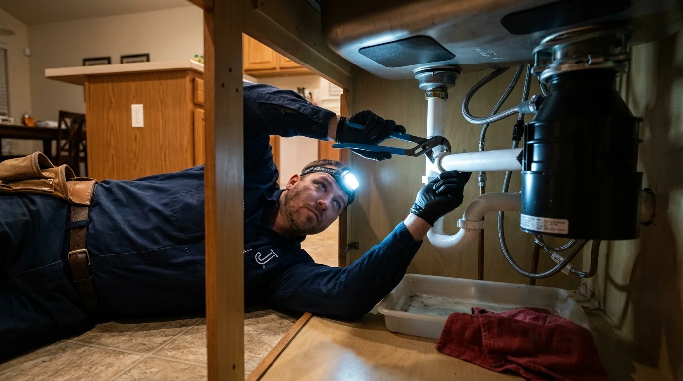 P-trap and supply line connections under a kitchen sink showing a common leak point in Lewiston, UT